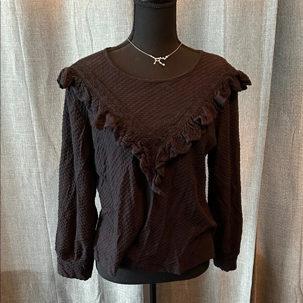 J. Crew Black Textured Ruffle Blouse